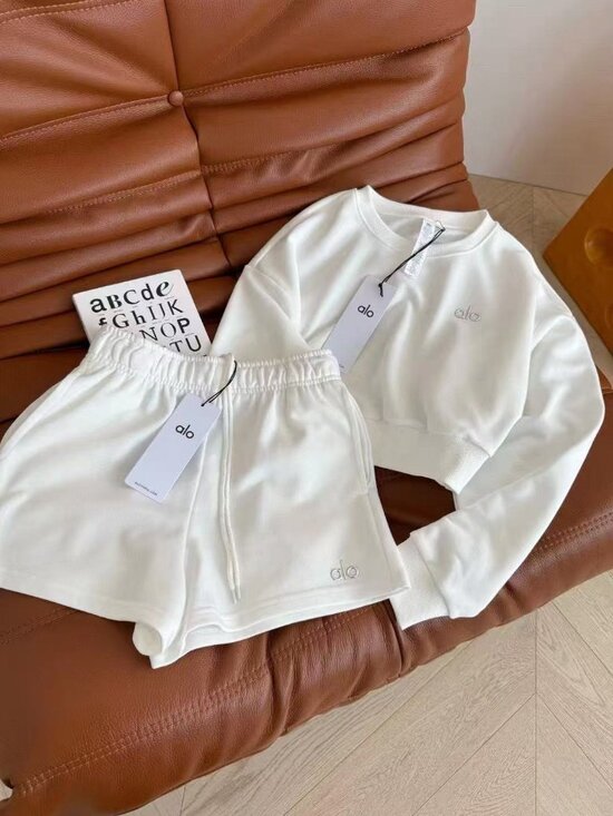 ALO Yoga Pants - ALO Yoga Sweatshirt and Shorts Set, White, Size M